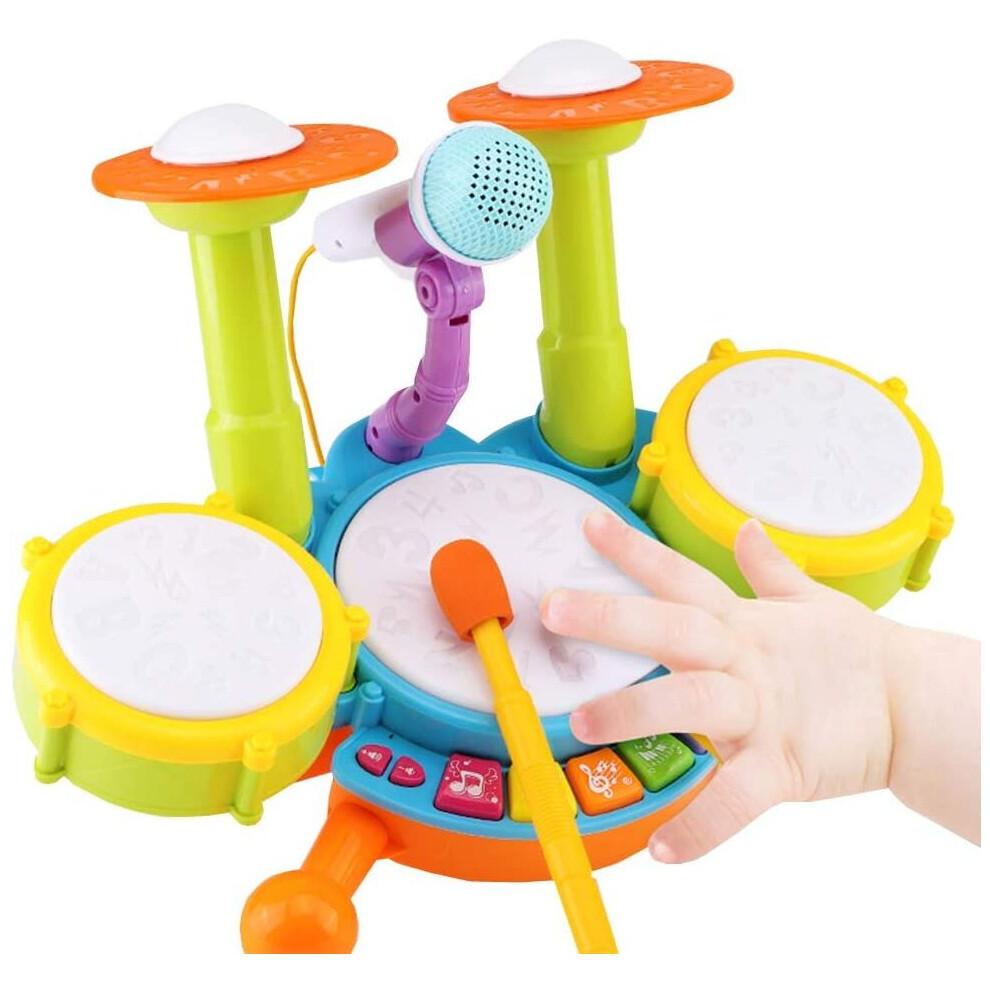 Beginners Musical Table Top Drum Kit Play Set with Drum Sticks Microphone Light Features Interactive Music and Sounds for Babies Kids Toddlers