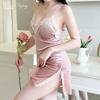 Sexy female autumn and winter new velvet slit suspender pure desire suspender nightgown set