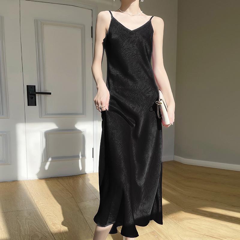 Französischer Chic Sommer Damen Satin Spaghetti-Träger Kleid