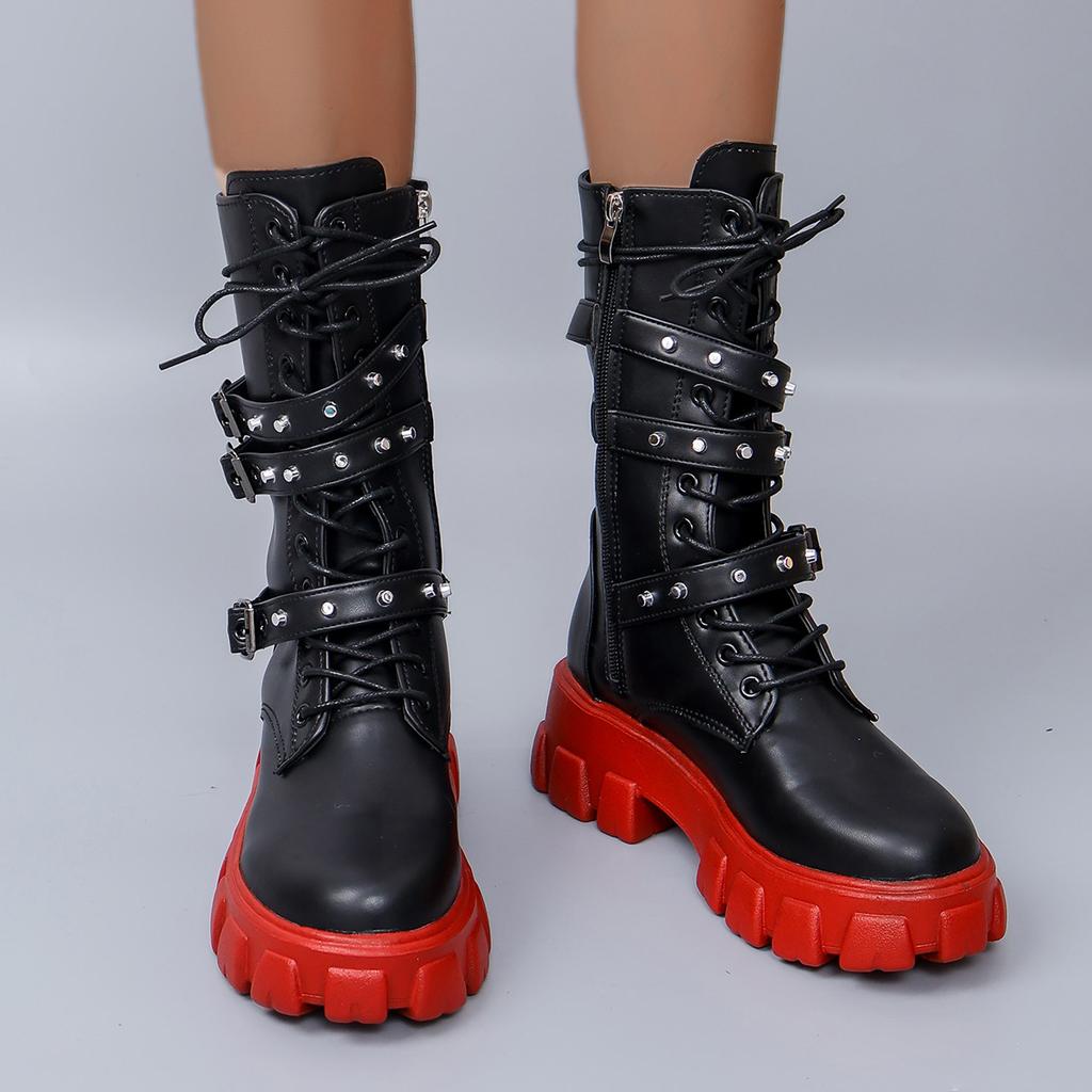 Goth Boots Women Winter Ankle Boots Platform Shoes Sneakers Studded Belt Buckle Punk Army Chunky Heels Mid Calf Boots