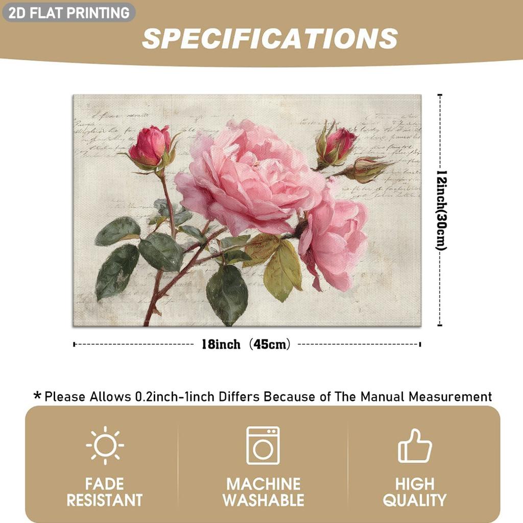 4/6pcs, Vintage Pink Rose Floral And Handwritten Pattern Placemats, Suitable for Romantic Ambiance, Indoor Table Decoration, Restaurant Table Decorati