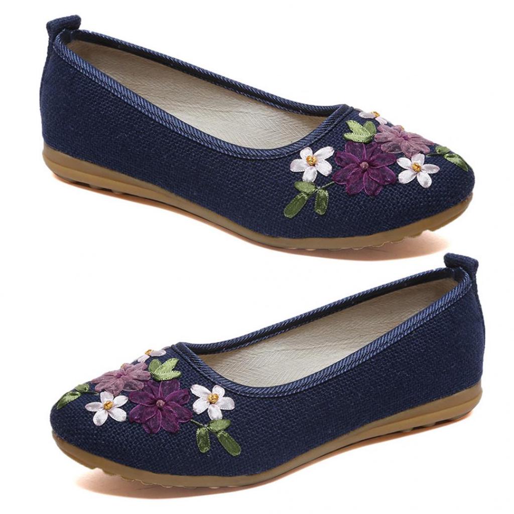 Vintage Embroidered Women Flats Flower Slip On Round Toe Shoes Loafers Ballerina