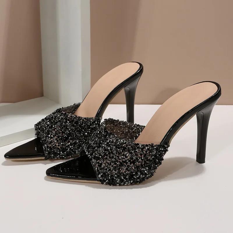 Sexy Pointed Head Open Toe Sequined Fashion High Heels Womens Shoes Black/White/Red Outdoor Ladies Casual Slippers