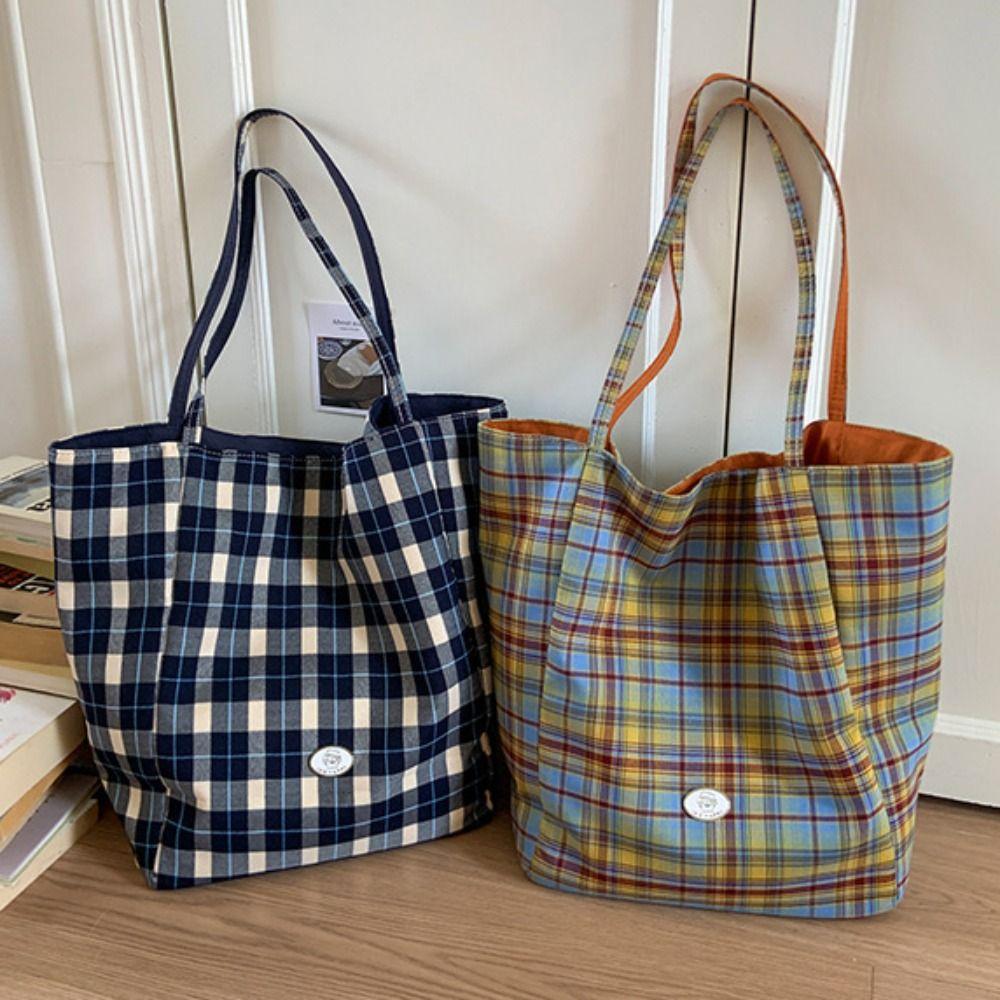 Leisure Double Sided Shoulder Bag Versatile Lattice Handbag Casual Plaid Canvas Tote Bag  Women