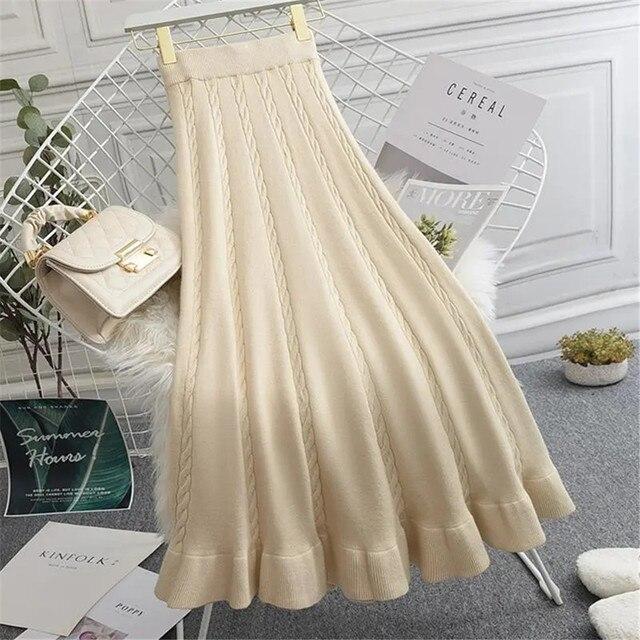 Inverno outono elegante malha quente a-line saia feminina com babados com nervuras plissado midi saias sólidas senhoras bottoms meninas longo