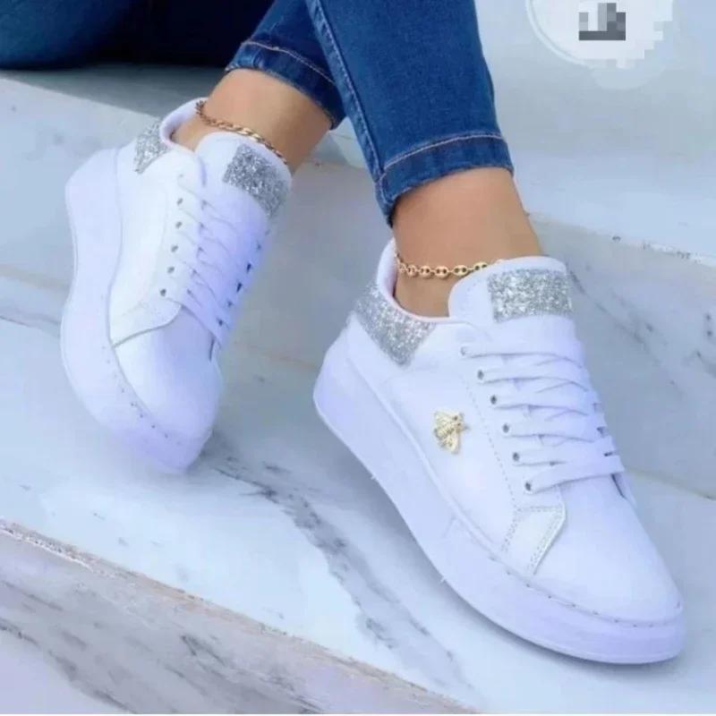 Women's Sneakers 2024 Fashion New Metal Decoration Thick Sole Tenis Feminino Outdoor Casual Lace-up Designer Skateboard Shoes