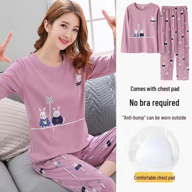 Women's Pajama Set with Chest Pad - Long Sleeve, Long Pants, Plus Size, Casual Homewear for Spring, Autumn, Winter