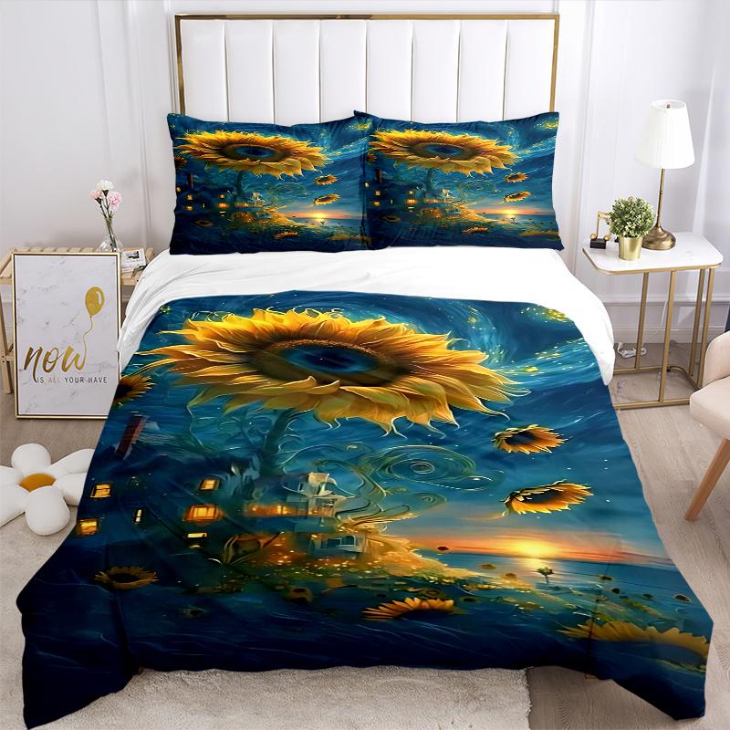 3pcs Sunflower Fantasy Bedding Set, Includes One Quilt Cover and Two Pillowcases (No Core), Festival Gift, Polyester Fabric, Anime Cartoon