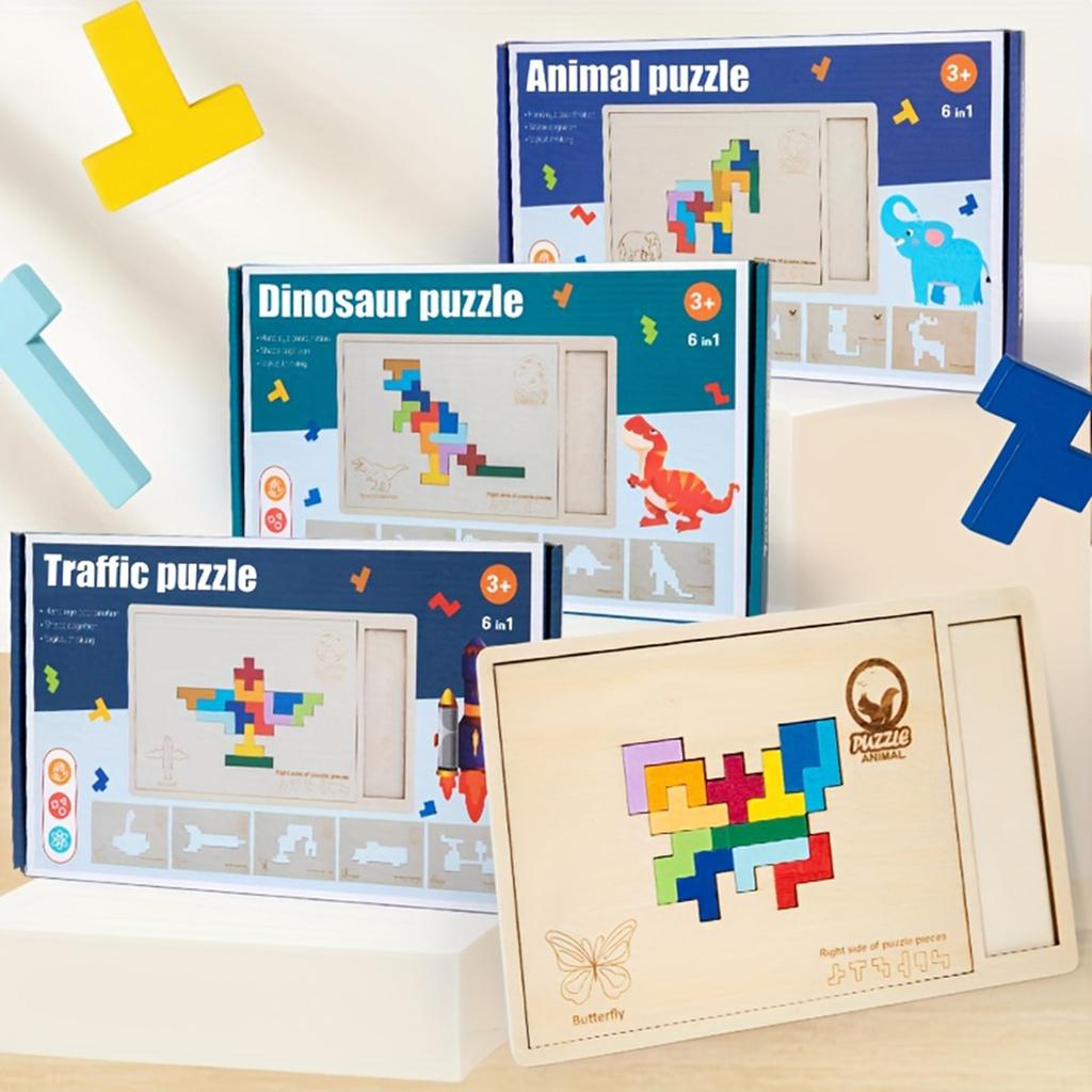 Kids Wooden 3D Puzzle Set, Educational Animal, Dinosaur,And Transport Themes, Mixed Color Wooden Toy Building Block Gift Set