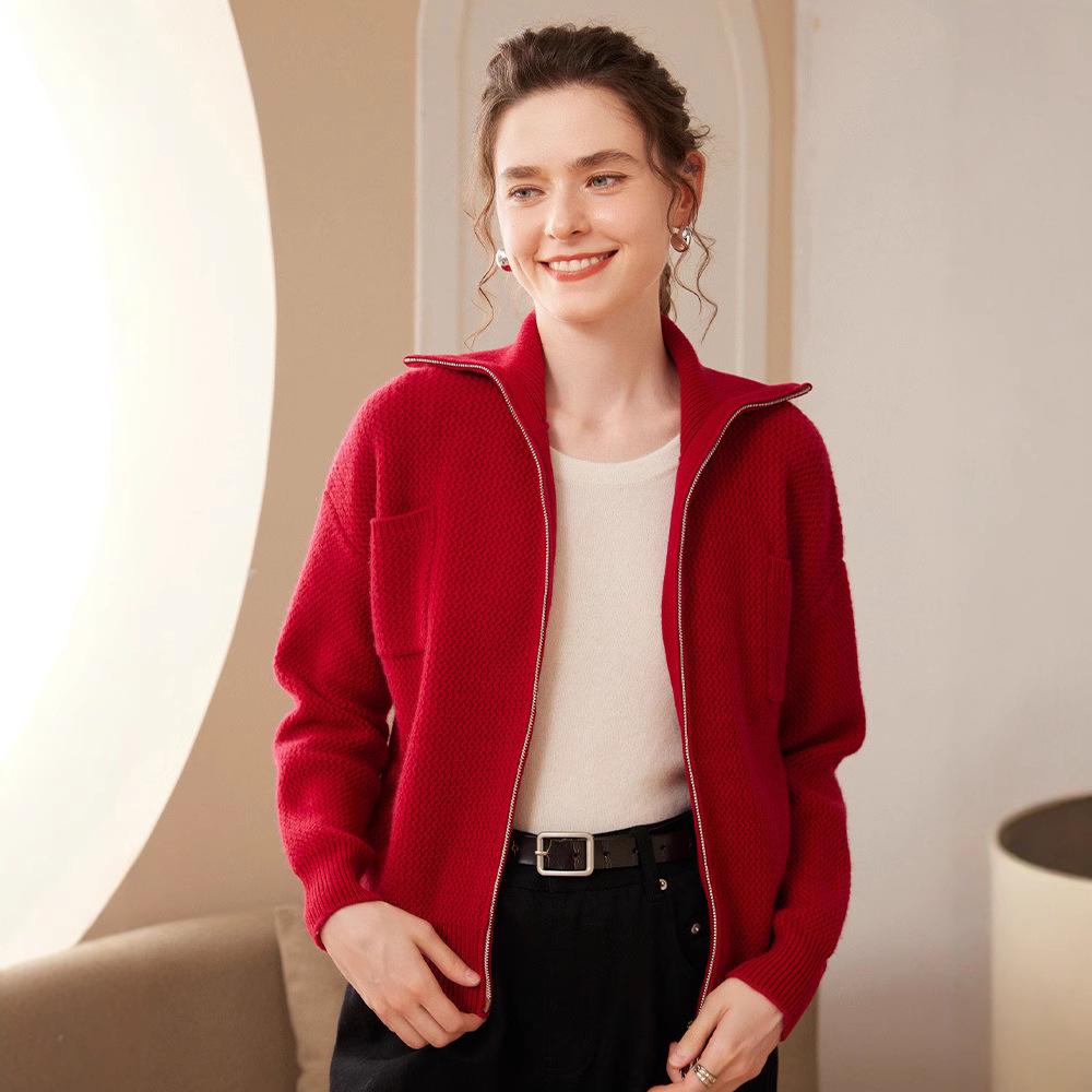 Women's Cashmere Knit Long Sleeve Cardigan - Fashionable, Versatile Lapel Thick Sweater for Autumn & Winter