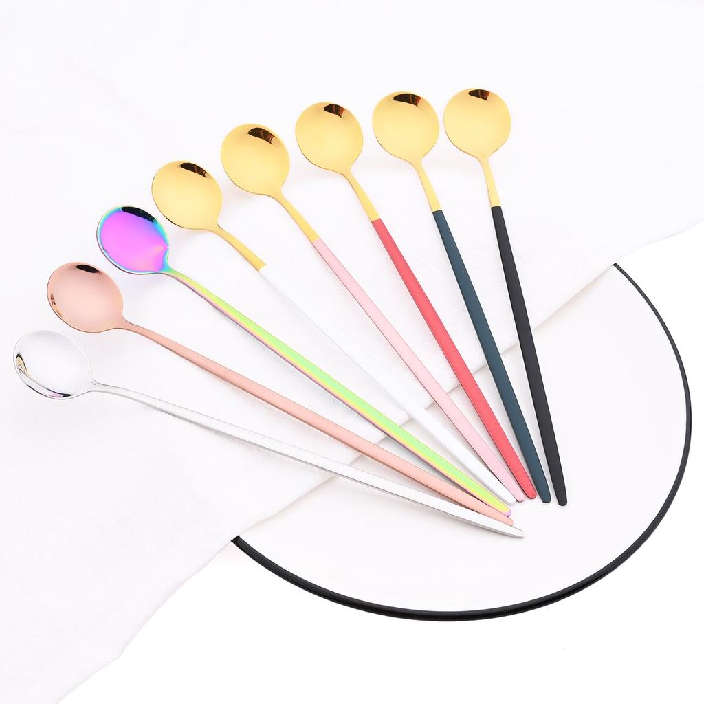 6 adet/takım renkli uzun saplı kaşık yemek takımı suyu kahve karıştırma sofra dondurma kaşığı çatal bıçak kaşık seti mutfak gereçleri