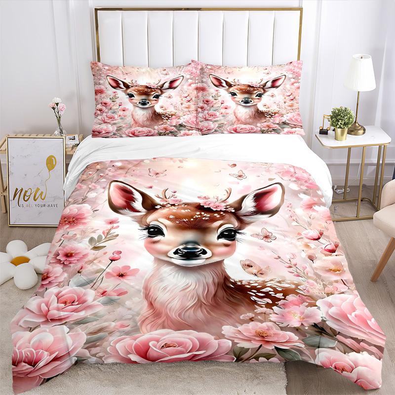 Floral Deer Fantasy Scene Print 3Pcs Bedding Setduvet Cover With 2 Bedropillowcase Home Birthday Gift
