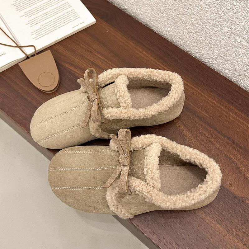 Pantofi casual din catifea cu talpă moale pentru femei, noi de iarnă, cu fundă retro, pantofi pufoși cu un singur pas, pantofi de bumbac plați pentru femei