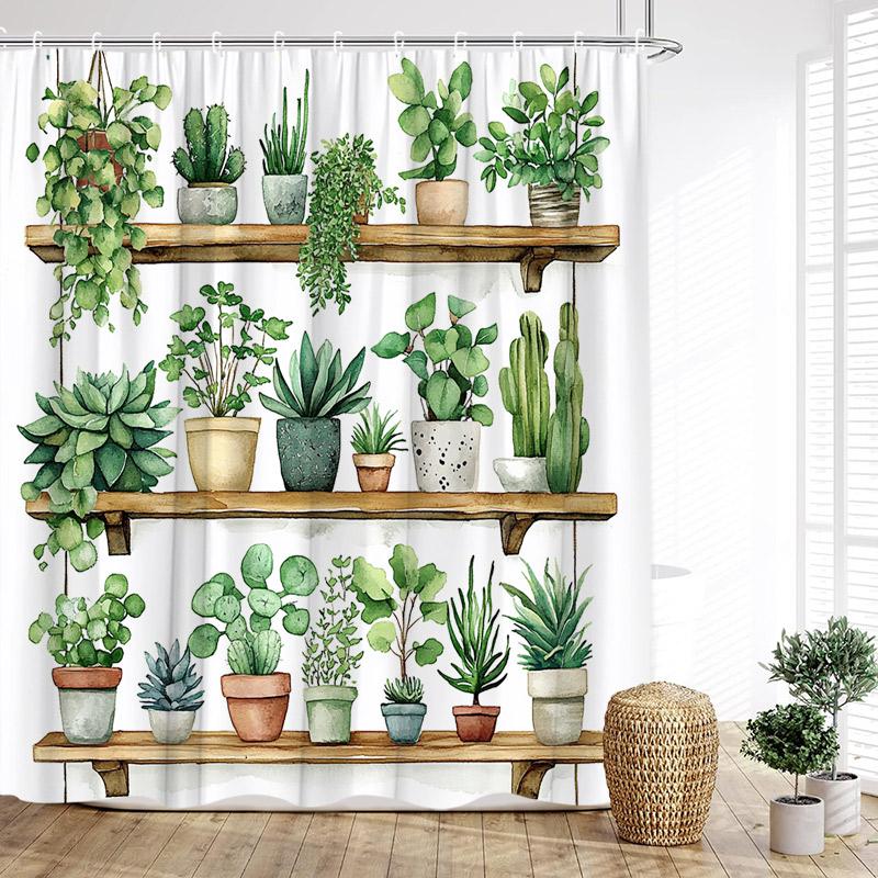 Green Plants Shower Curtain Tropical Plant Bonsai Rabbit Cactus Bath Curtains Polyester Fabric Home Bathroom Decor With Hooks