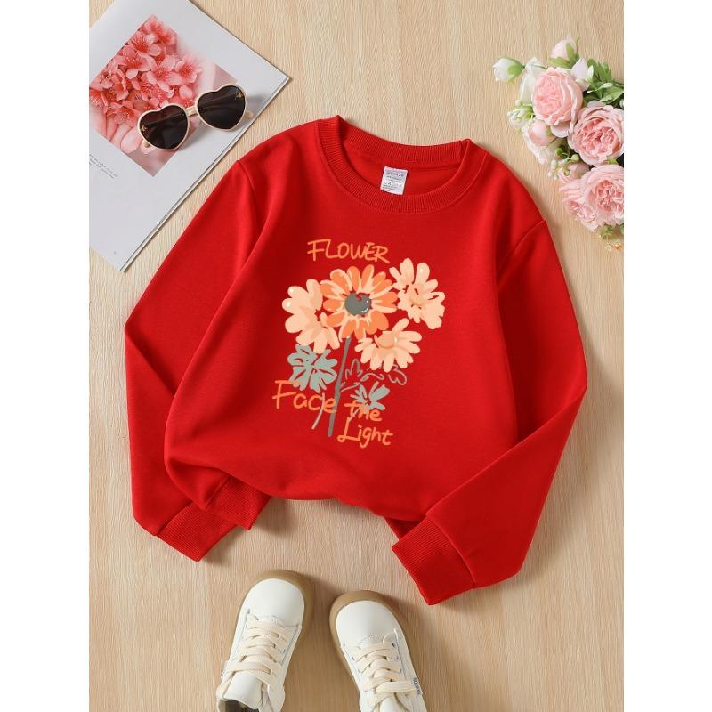 European sizes Girls' Long-Sleeve Round Neck Sweatshirt "Flower Face The Light" Print, Spring/Autumn, Casual, Daily & Sports.