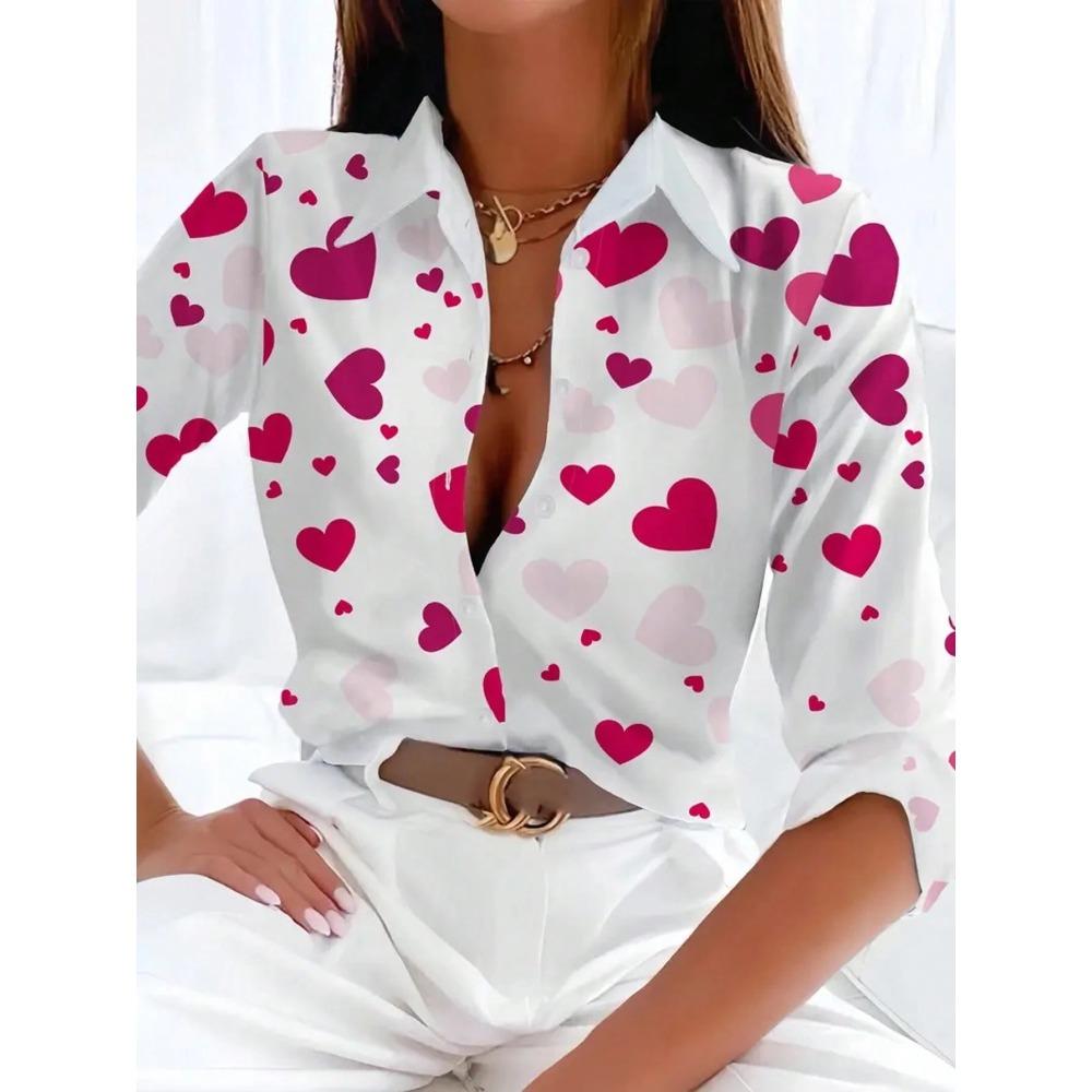 Simple And Clear Love Flower Print Ladies Casual Long Sleeve Lapel Shirt Outdoor Casual Ladies Shirt Urban Street Fashion Shirt