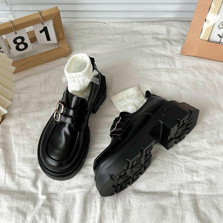 Chunky Heeled Small Leather Shoes Female Fall Black Casual Wild One Foot Stirrups Le Fu Shoes