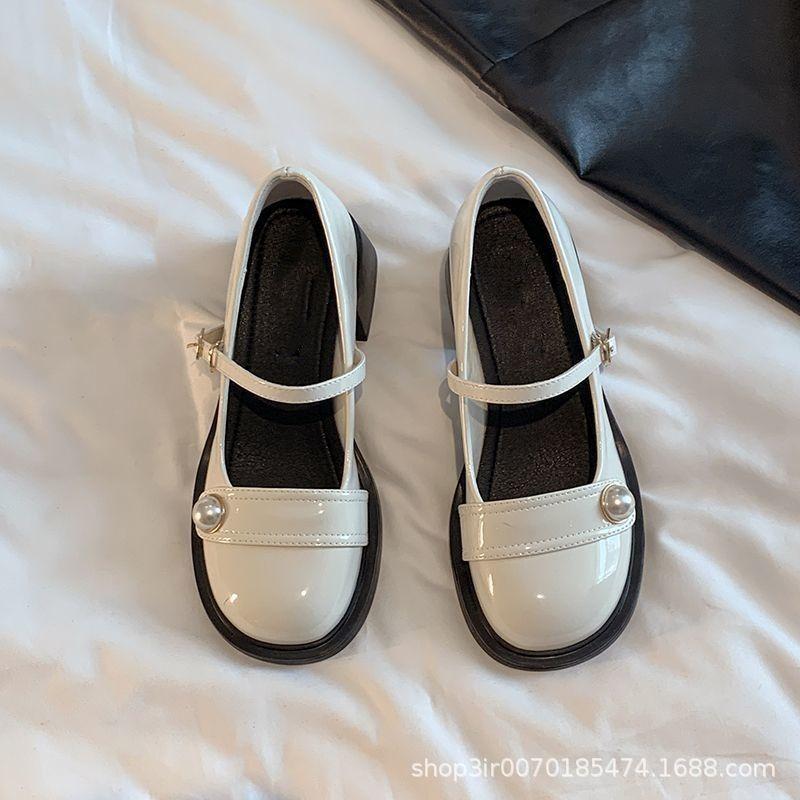 Francouzské mokasíny jaro a podzim nové boty na silném podpatku perlové slovo s burgundskými lodičkami Mary Jane na vysokém podpatku ženy