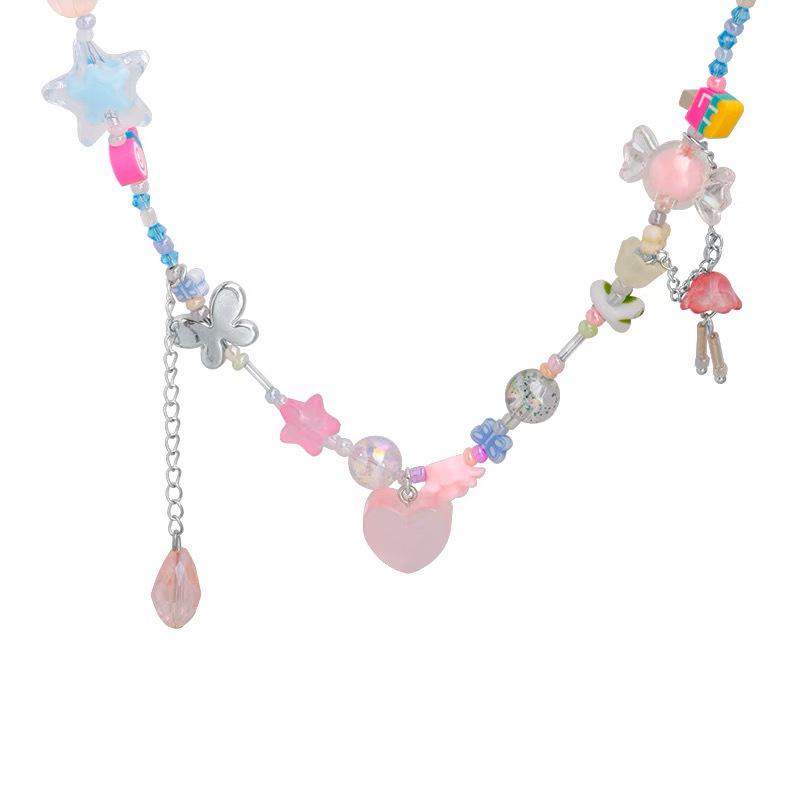 Peach Pink Dopamine Heart Beaded Choker Necklace: Sweet & Spicy Design for Women