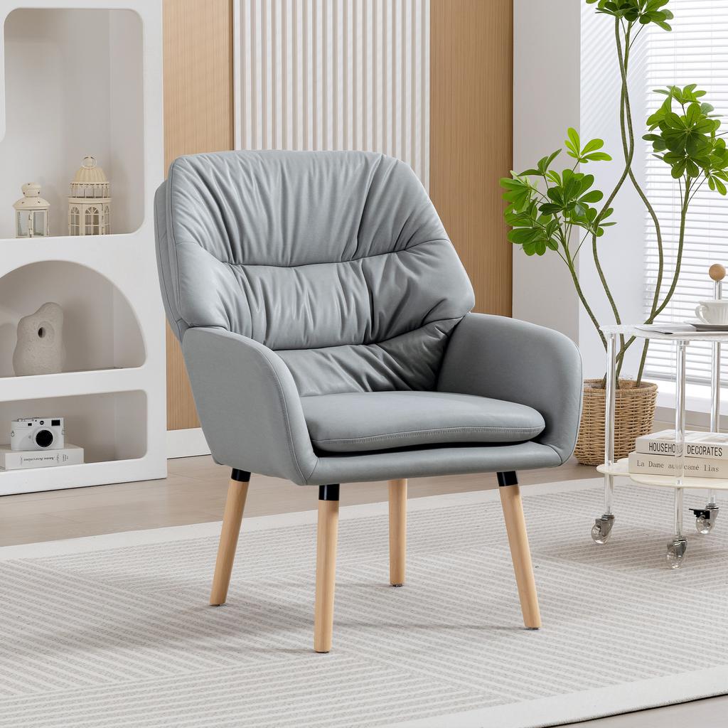 Living Room Armchair, Double Padded, Faux Leather, Wooden Legs, 68 X 74 X 89 Cm, Grey