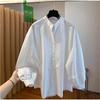 Beautiful Pearl Buckle White Shirt Women's Long Sleeves 1116 New High-end Loose Casual Cotton Lantern Sleeve Top
