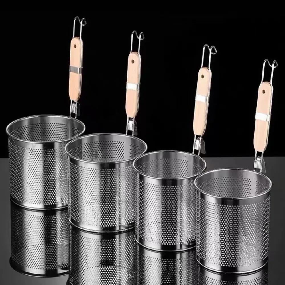 Durable Thickened Stainless Steel Funnel Kitchen Gadgets Multifunctional Pasta Basket Strainer Wooden Handle Deep Fry Basket