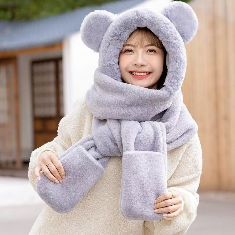 Winter Warm Flauschiges Fleece 3-in-1 Bärenohren Kapuzenmütze Schal Handschuhe Set Winddichtes Outdoor-Zubehör für Kaltes Wetter