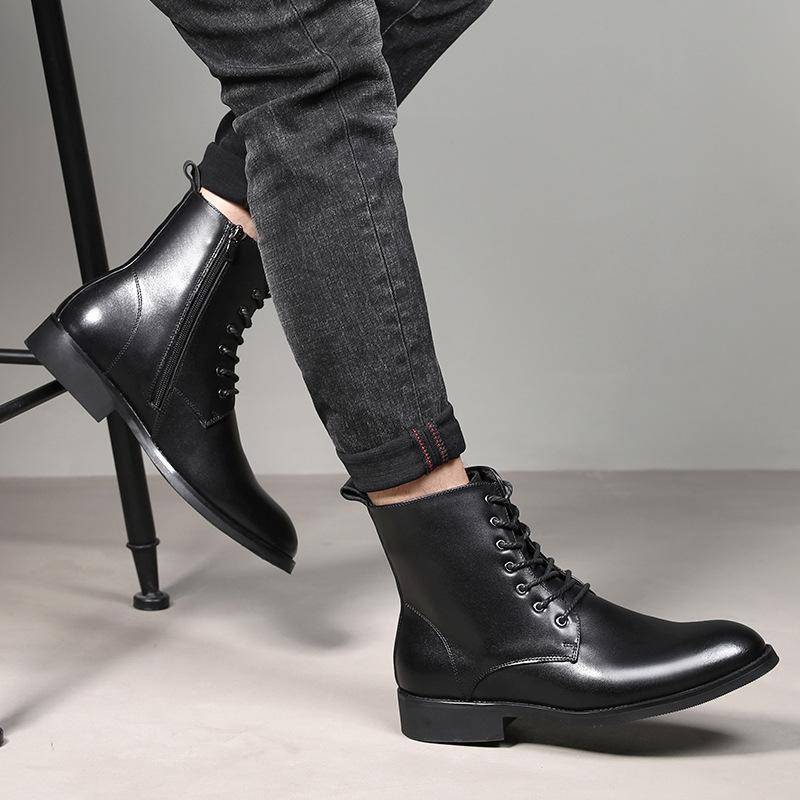 Martin boots men's cowhide high-top shoes fashion casual British pointed side zipper lace-up leather boots Chelsea boots men's