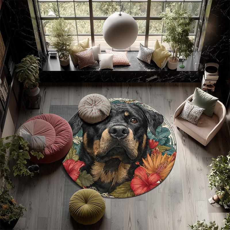 Vintage Dog Round Area Rug,Carpet Rug for Living Room Bedroom Sofa Playroom Decor,Non-slip Floor Mat