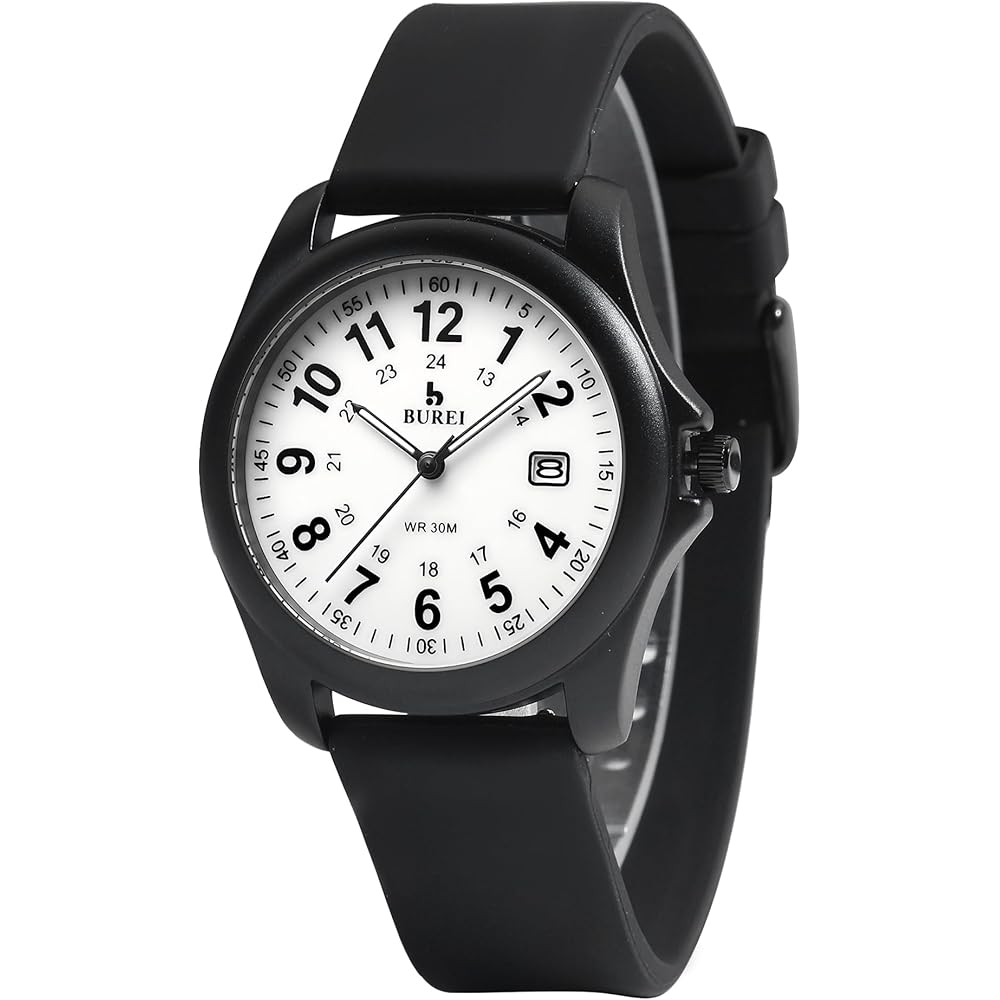 BUREI Men s Analog Quartz Watch Waterproof Lightweight Black Silicone Strap Casual Style