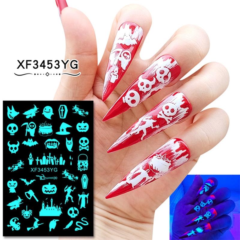 12sheet Luminous Halloween Nail sticker Fluorescent Stickers Glow In The Dark Self Adhesive Halloween Nail Art Stickers