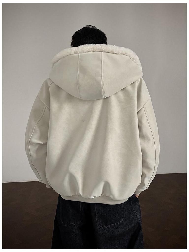 Men's Winter Lychee Pattern PU Leather Jacket with Hood and Fur Collar