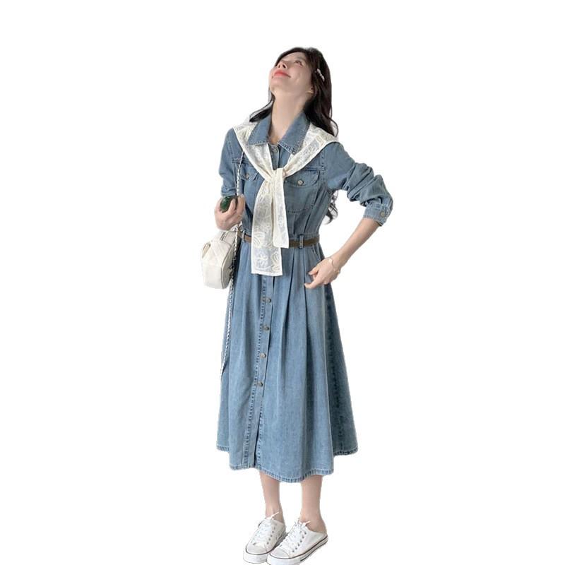Blue Hong Kong Style Retro Denim Dress - Women's Autumn 2025 Waist-Cinching Shirt Dress, Age-Reducing & Fashionable