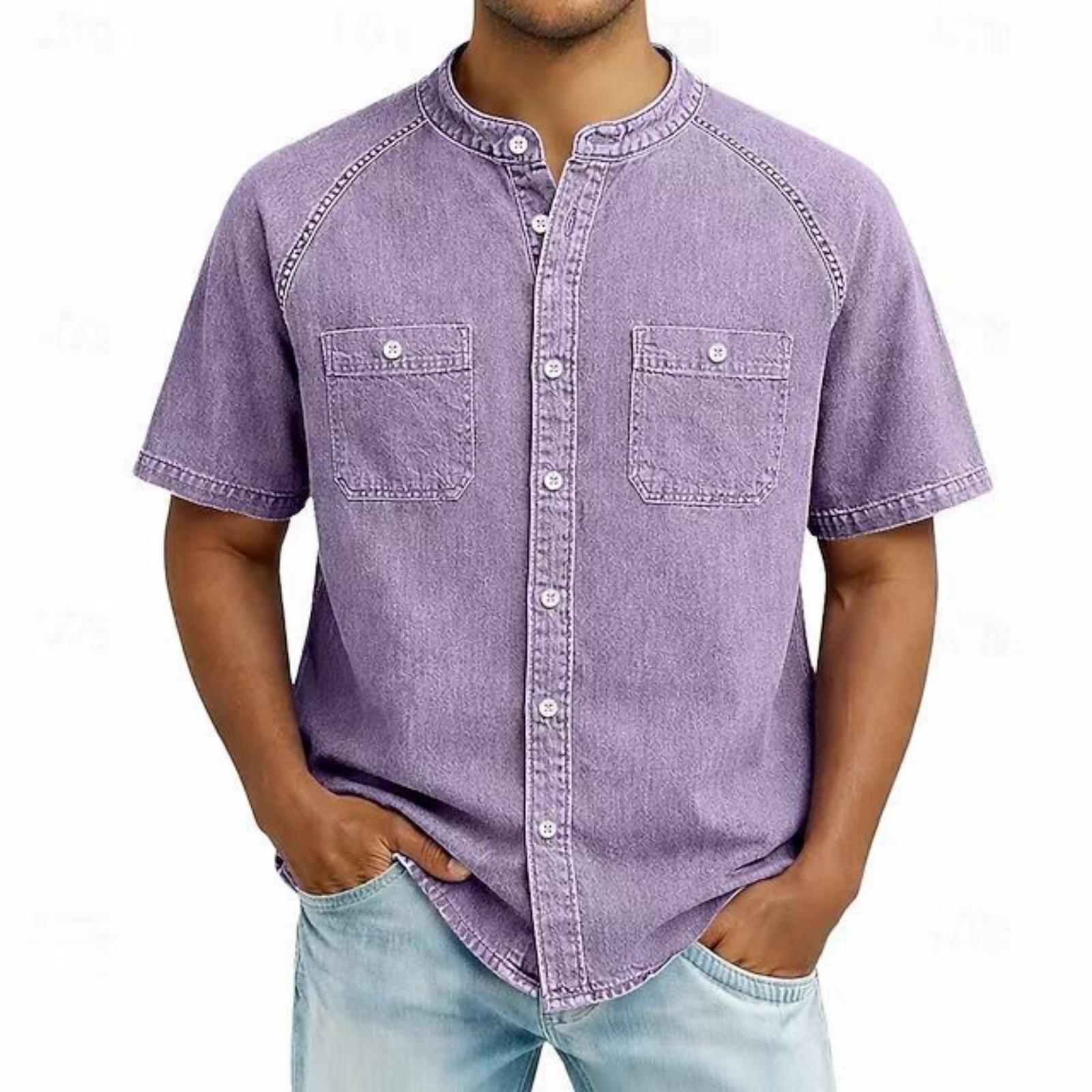 

Men s Casual Short Sleeve Denim Shirt Vintage Washed American Style Button Down Henley Collar Relaxed Fit Retro Pocket Design S фіолетовий