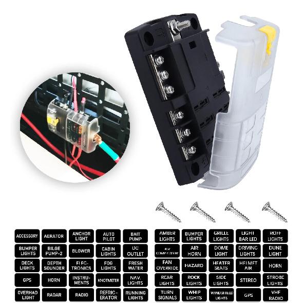 100A 6/12 Way Fuse Block Fuse Box with Stickers Waterproof Cover Fuse Panel for Automotive Cars Trucks RVs Campers Vans 6 Way