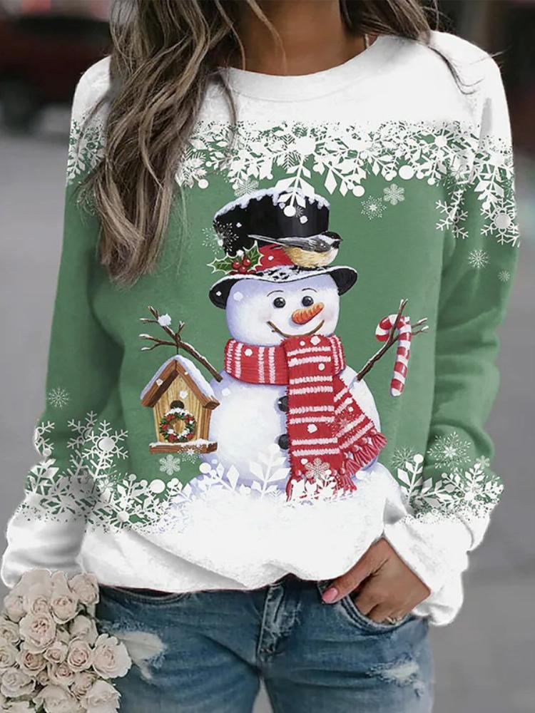 Women's Christmas snowman print long sleeved casual loose T-shirt women