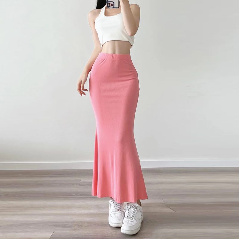

Pure Desire Style Silm Elastic Hip Skirt French Gentle New Pink Mop Long Skirt Pure Color Women s Bottoming Skirt Pink M