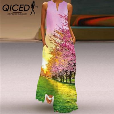 Summer Women's Sleeveless Long V-Neck Printed Jade Flower Dresses