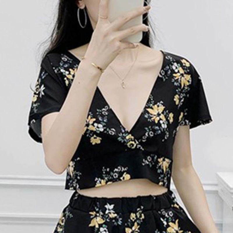 

2023 Summer Women s Clothing K-style Fresh Printed Sexy Deep V-neck Batwing Sleeve Open Back Lace up Slim Fit Short Shirt Top M
