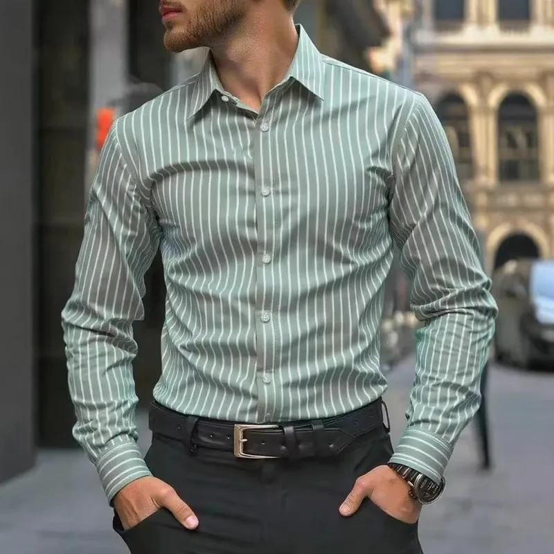 Spring Autumn Men Clothes Long Sleeve Stripe Shirt Men Business Casual Lapel Button Shirt Tops