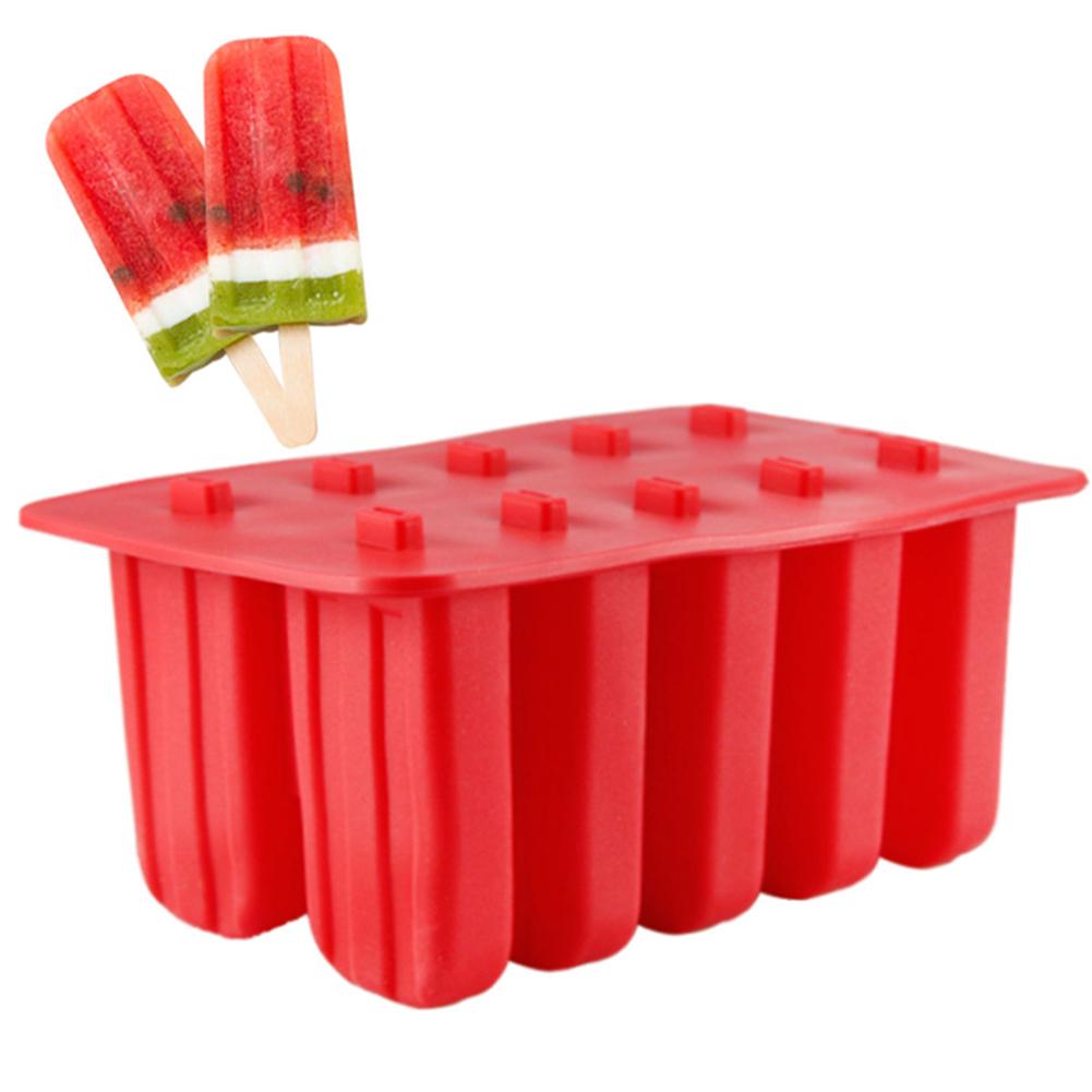 

10 Cells Ice Cream Popsicle Frozen Mold Silicone Ice Cream Lolly Maker Mould Ice Tray with Cover Lid red#0