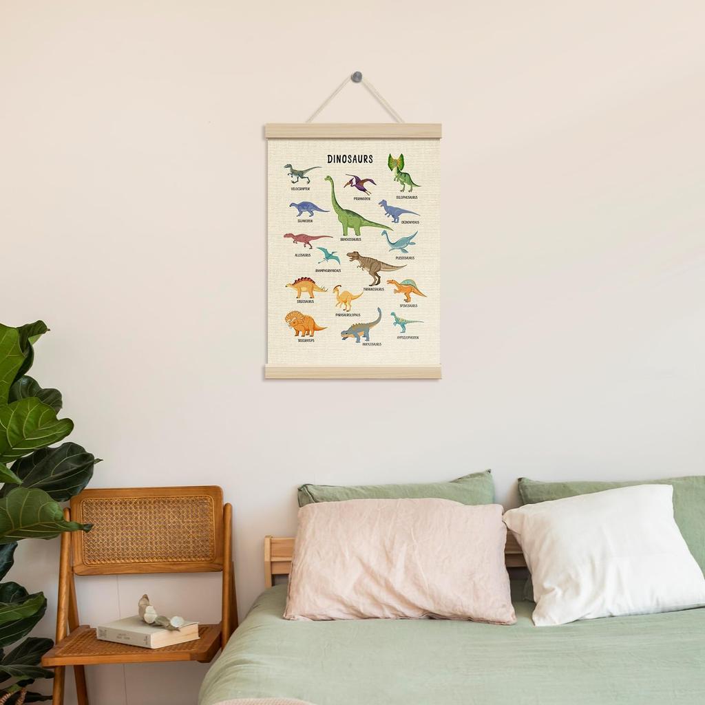 ZEDEV Dinosaur Wall Decor, Poster Hanger with Wood Frames 12x16 Inches, Dino Educational Canvas Wall Art, Artwork Hanging Kit for Boy Toddler Room