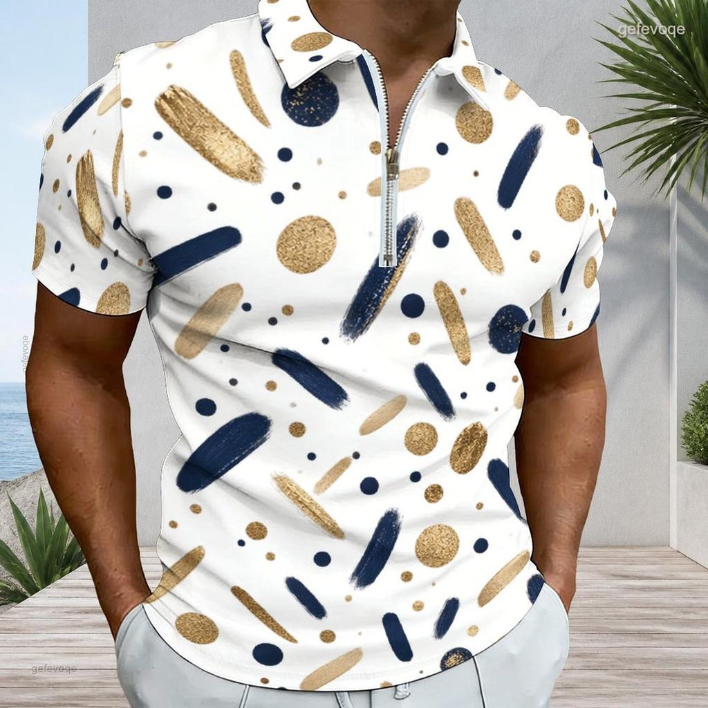 Mens Plus Size Short Sleeve Collared Quarter Zip Printed Polo Shirt White Navy Gold