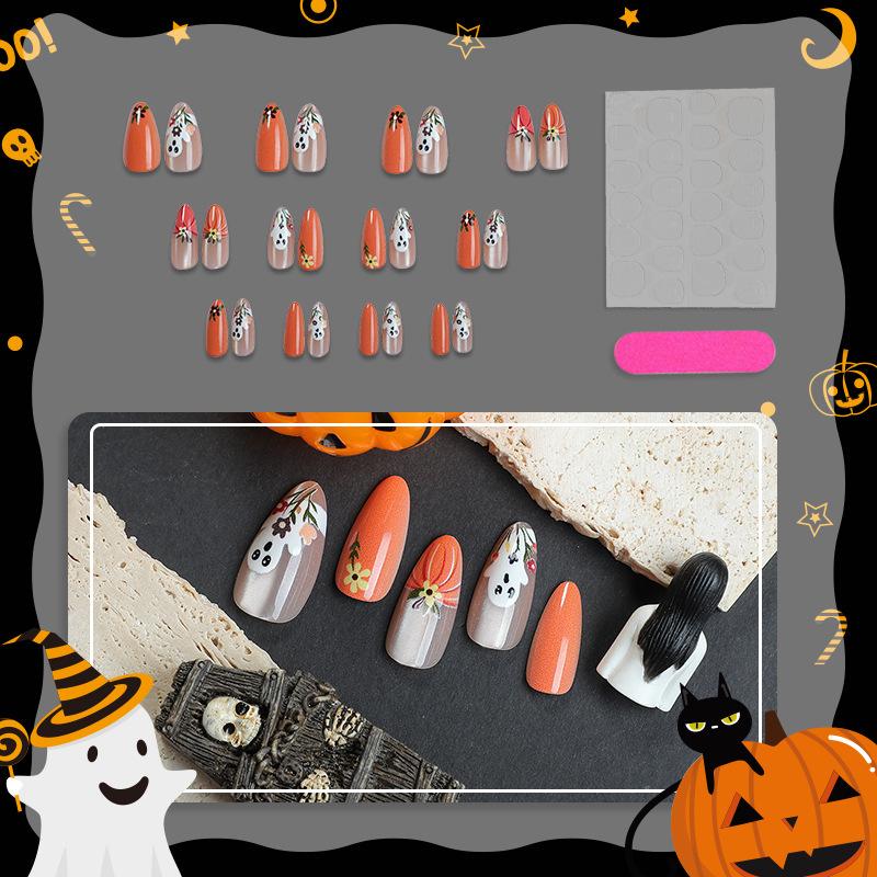 24-Piece Autumn & Halloween Cat Eye Nail Tips with Pumpkin, Ghost, and Floral Designs