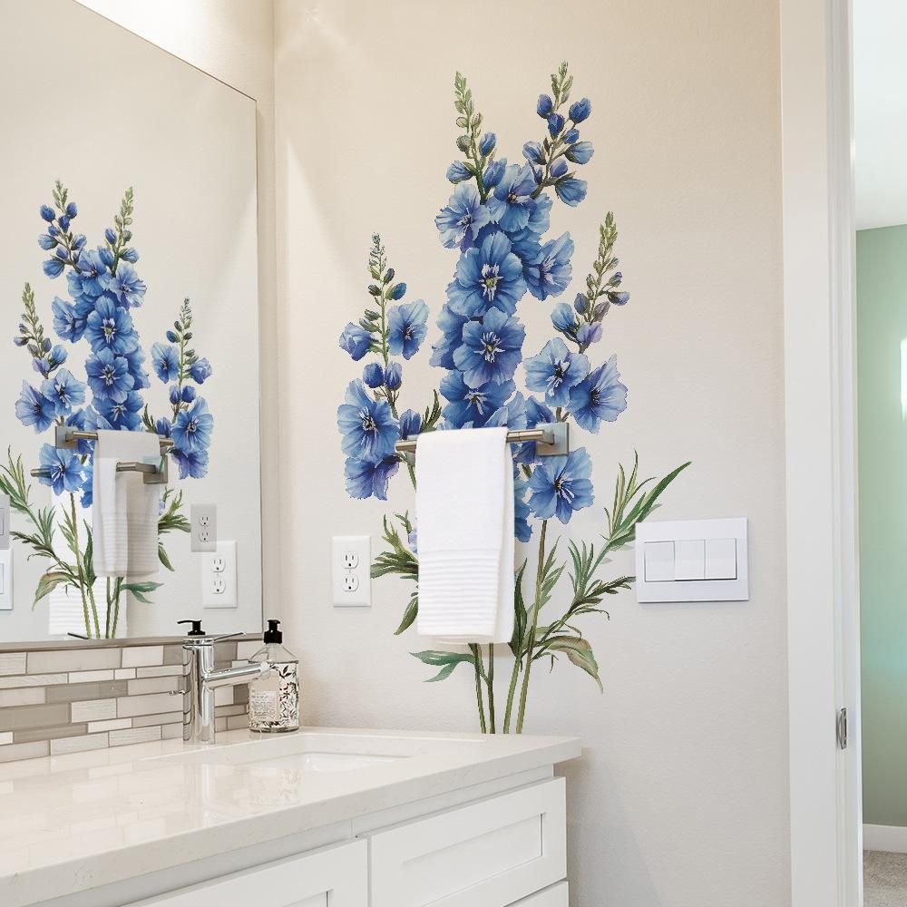 2 Pcs Watercolour Blue Flowers Bathroom Toilet Home Background Beautification Decoration Wall Stickers