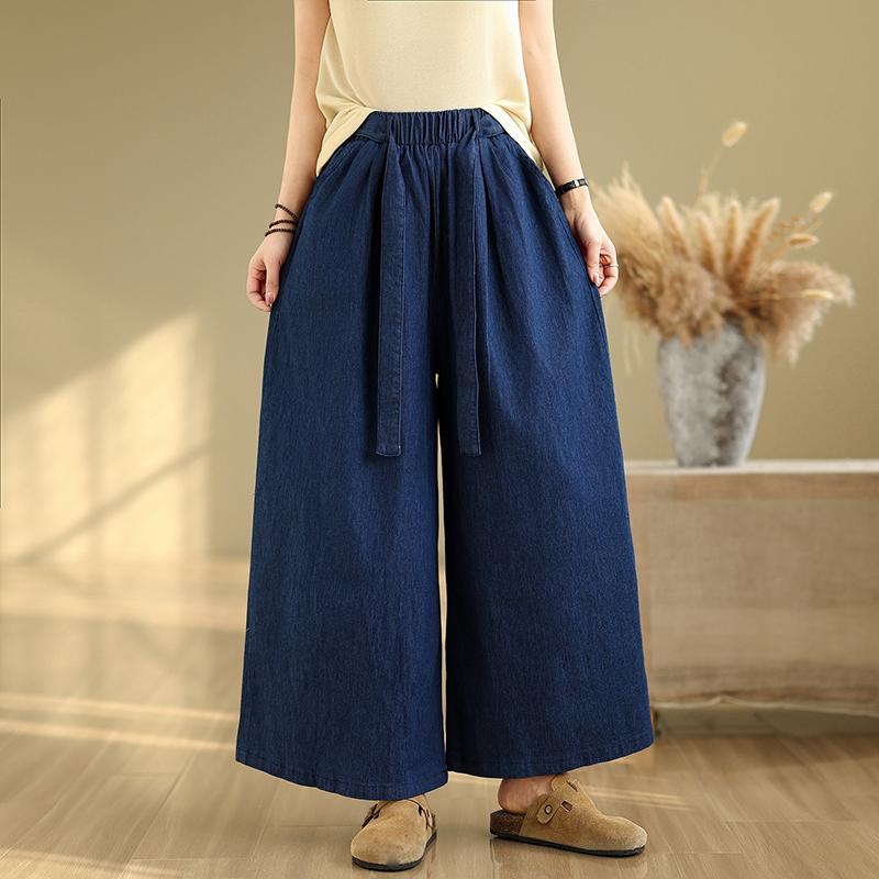 Dimanaf 2025 Letní Džíny Dámské Elastické Základní Dlouhé Kalhoty Denim Volné Kalhoty se Širokými Nohavicemi Ležérní Modré Kalhoty Plus Size