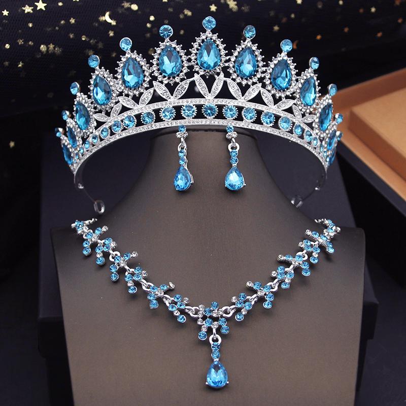 Luxury Purple Bridal Jewelry Sets for Women Choker Necklace Earrings With Crown Wedding Bride Set Costume Accessories