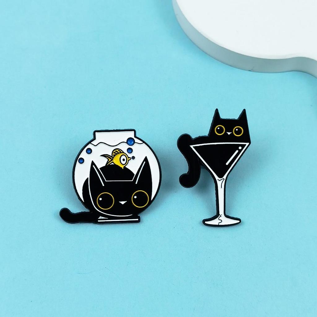 Black Cat Metal Brooch - Cartoon Fish Tank & Wine Glass Shape, Children's Backpack Accessory Badge