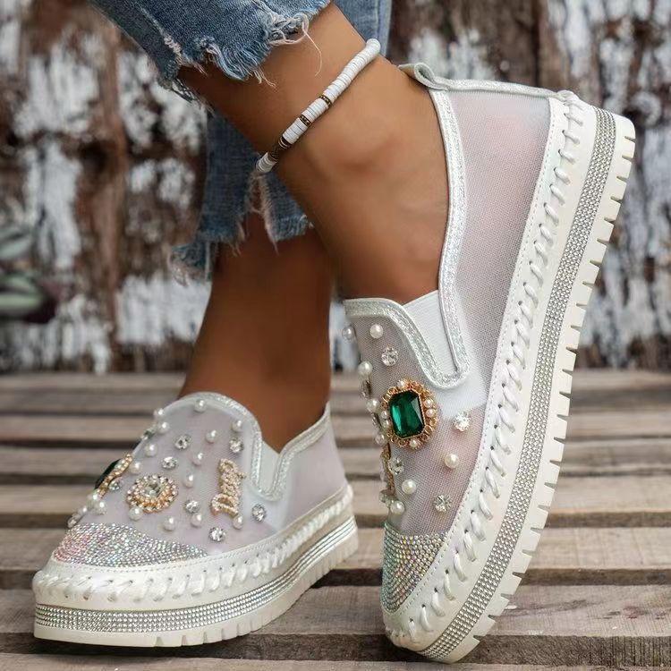 

Мокасины на платформе Muffin женские весенне-летние новые сетчатые женские туфли из дышащей сетчатой пряжи со стразами однопедальные ленивые одинарные туфли 40 белый