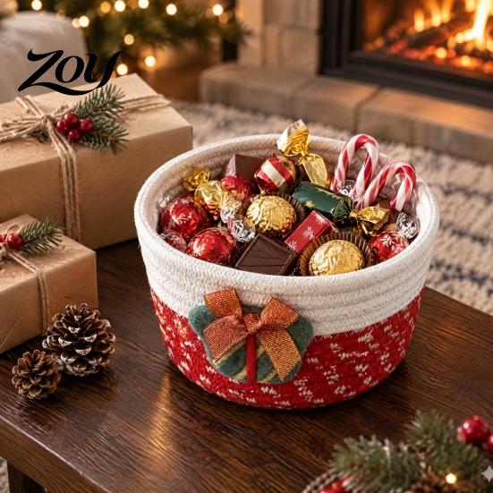 Durable Woven Bins Cotton Rope Storage Basket, Cute Christmas Theme Organizer, Handmade Bowls Decorative Fabric Bin for Snacks And Sundries